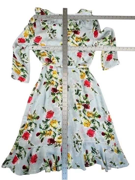 Milly of New York Light Blue Floral Wrap Midi Dress with Yellow & Red Roses - Picture 13 of 15